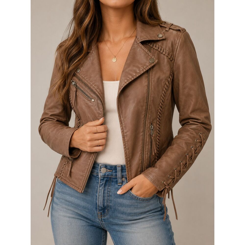CoffeeShop NY Brown Faux Leather Moto Jacket Lace Up Whipstitch M Mob Wife